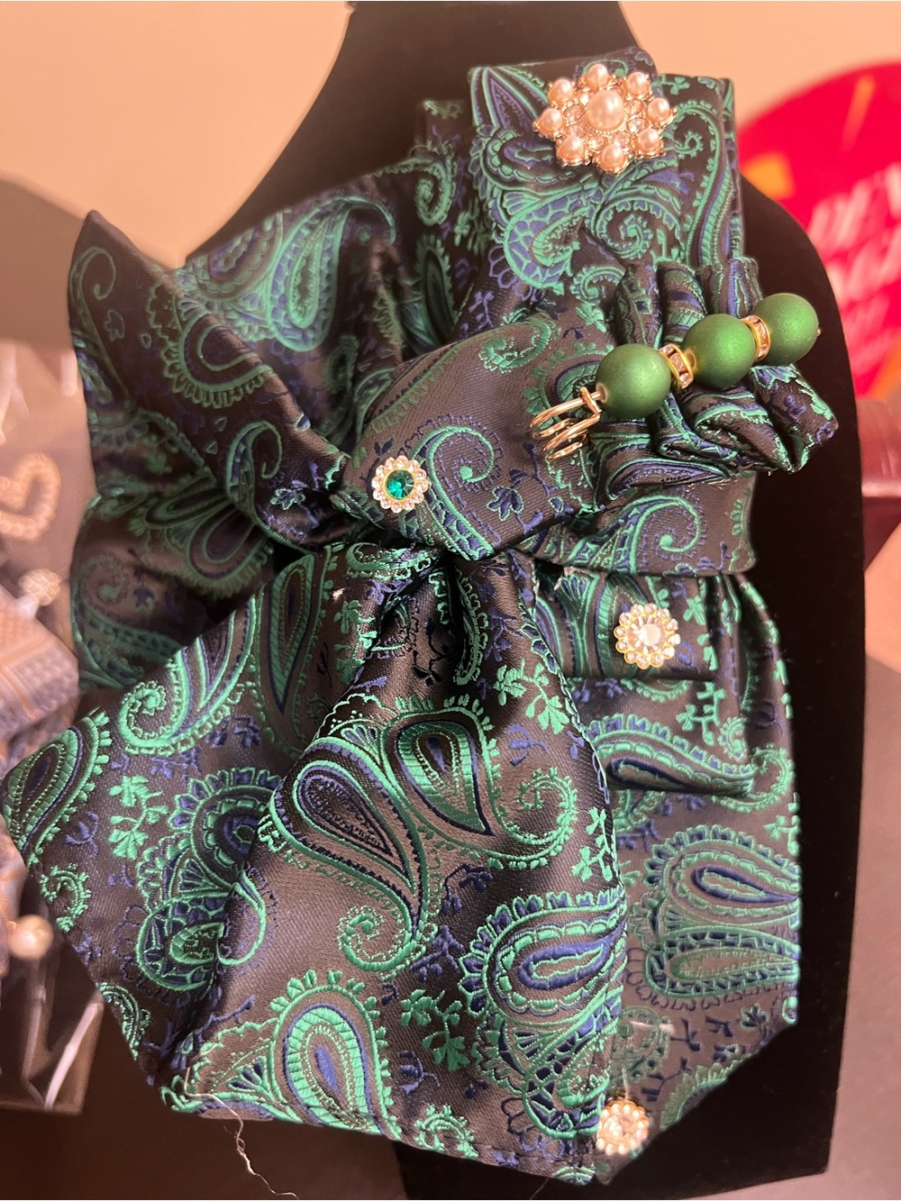 Green Paisley Satin Kids Bow Hair Accessory